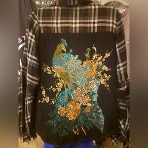 Aratta Peacock Button Down Cotton Top With Wide Sleeves, Raw Edge